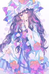 1girl absurdres adapted_costume blue_bow blue_ribbon blush_stickers bow clothes_lift commentary_request cowboy_shot crescent crescent_hat_ornament crescent_pin dress dress_flower dress_lift flower hair_bow hat hat_flower hat_ornament hat_ribbon highres long_hair mob_cap patchouli_knowledge purple_eyes purple_hair red_bow red_ribbon ribbon simple_background solo touhou twitter_username umemaro_(siona0908) upper_body very_long_hair wide_sleeves