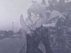 1boy alternate_costume black_jacket blurry blurry_background blush closed_eyes commentary_request depth_of_field fishcoooo grey_hair grey_sky hair_between_eyes jacket male_focus medium_hair nagisa_kaworu neon_genesis_evangelion scarf sky smile snow solo white_scarf wind wind_lift