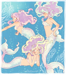1girl absurdres air_bubble bikini breasts bubble cone_horns fins fish_tail full_body highres horns long_hair lum medium_breasts mermaid midriff miyuki_(hoshikuzumiyuki) monster_girl navel pouty_lips purple_hair shell shell_bikini star_(symbol) swimsuit tail twitter_username underwater urusei_yatsura variations yellow_eyes