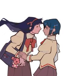 2girls akemi_homura bag bag_charm black_background black_hair blue_hair bow bowtie charm_(object) commentary english_commentary gluebubbles highres long_hair looking_at_another mahou_shoujo_madoka_magica mahou_shoujo_madoka_magica_(anime) miki_sayaka mitakihara_school_uniform multiple_girls puffy_sleeves red_bow red_bowtie school_uniform short_hair shoulder_bag simple_background white_background