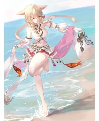 Rule 34 | 1girl, animal ears, bare shoulders, beach, blonde hair, braid, breasts, cat ears, cat girl, cat tail, cleavage, detached sleeves, facial mark, final fantasy, final fantasy xiv, full body, highres, horizon, leg up, long hair, medium breasts, miqo&#039;te, navel, ocean, outdoors, red eyes, sand, shawl, shikina (mochigushi ), solo, tail, warrior of light (ff14), water, whisker markings