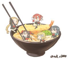 10s 5girls blonde_hair blush bow brown_hair chibi chopsticks food hair_ornament hair_ribbon in_food inubouzaki_fuu inubouzaki_itsuki long_hair miyoshi_karin multiple_girls noodles open_mouth ponytail ribbon school_uniform short_hair shrimp shrimp_tempura sitting skirt smile tempura tougou_mimori yuuki_yuuna yuuki_yuuna_wa_yuusha_de_aru yuusha_de_aru