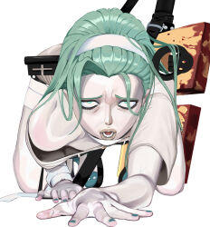 1girl a.b.a all_fours bags_under_eyes bandaged_arm bandaged_leg bandaged_neck bandages blood blue_shoes brown_skirt crawling forehead furrowed_brow green_eyes green_hair green_nails guilty_gear guilty_gear_strive headband highres key key_in_head long_hair looking_at_viewer object_through_head open_mouth pale_skin paracelsus_(guilty_gear) sanpaku shirt shoes short_sleeves skirt solo straight_hair tareme ushimooshi white_background white_headband white_shirt