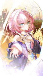 1girl absurdres blue_eyes breasts broken_glass coat commentary_request cyrene_(honkai:_star_rail) dress glass highres honkai:_star_rail honkai_(series) jewelry medium_hair multicolored_hair necklace okanda pink_hair purple_coat reaching reaching_towards_viewer small_breasts smile solo two-tone_hair wheat wheat_field white_dress white_hair