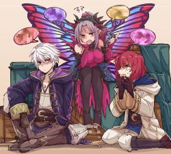 1boy 1girl 1other alonemistrist black_robe boots breasts brown_background brown_boots brown_gloves censored facial_mark fairy_wings fire_emblem fire_emblem_awakening fire_emblem_heroes forehead_mark gloves grey_hair highres hooded_robe kiran_(fire_emblem) knee_boots large_breasts long_hair looking_at_viewer male_robin_(fire_emblem) mosaic_censoring nintendo open_clothes open_robe pants plumeria_(fire_emblem) pointy_ears ponytail red_eyes red_hair robe shirt short_hair simple_background sitting white_hair white_pants white_shirt wings