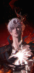 absurdres artist_name chest_tattoo collarbone dragon_boy dragon_horns highres horns lips looking_at_viewer love_and_deepspace parted_bangs parted_lips red_background red_eyes short_hair single_horn sylus_(abyssal_sovereign)_(love_and_deepspace) sylus_(love_and_deepspace) tattoo upper_body watermark weibo_watermark white_hair wo_zhen_de_hao_e_ya