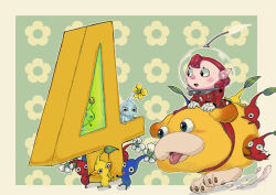 1girl alien backpack bag black_eyes blue_eyes blue_pikmin blue_skin blush boots border carrying clinging collar colored_skin commentary countdown cowlick dog eyelashes floral_background flower flying_teardrops gauge gloves glow_pikmin green_background green_skin helmet ice ice_pikmin jumpsuit leaf light_particles nintendo no_mouth oatchi_(pikmin) open_mouth pikmin_(series) pikmin_4 pink_hair pointy_ears pointy_nose rescue_officer_(pikmin) radio_antenna red_bag red_collar red_jumpsuit red_pikmin red_skin riding riding_animal shadow short_hair sitting_on_animal smile solid_circle_eyes space_helmet spacesuit tearing_up tongue triangle_mouth usuba_(hatomugip) whistle white_flower white_footwear white_gloves yellow_border yellow_flower yellow_fur yellow_pikmin yellow_skin