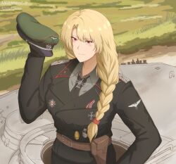 1girl absurdres adfihildegard_26 artist_name belt belt_buckle blonde_hair braid braided_ponytail breasts buckle collar collared_shirt cross earrings epaulettes gloves grass hair_over_one_eye hat highres holster iron_cross jewelry large_breasts medal military military_hat military_uniform military_vehicle motor_vehicle necktie original red_eyes reichsadler road schutzstaffel shirt swastika tank tiger_i unworn_headwear world_war_ii