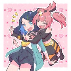 Rule 34 | 2girls, :d, bandaid, bandaid hair ornament, black hair, black shirt, black skirt, blue eyes, blue hair, blue jacket, catchmgck, closed eyes, coral (pokemon), cropped shirt, dated, fang, hair ornament, hairclip, heart, highres, hug, hug from behind, jacket, liko (pokemon), long sleeves, midriff, multicolored hair, multiple girls, nintendo, open clothes, open jacket, open mouth, pink hair, pokemon, pokemon (anime), pokemon horizons, shirt, shorts, skirt, smile, teeth, twintails, two-tone hair