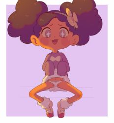 +_+ 1girl :d big_hair blush_stickers border brown_hair commentary dark-skinned_female dark_skin eco19 female_focus flower hairband leg_warmers loli long_hair long_sleeves looking_at_viewer navel nintendo open_mouth oversleepergirl panties pokemon pokemon_(anime) poketoon purple_eyes purple_sweater raised_eyebrows shoes sleeves_past_fingers sleeves_past_wrists smile socks solo spread_legs sweatdrop sweater tongue underwear vashti_(pokemon) white_border white_flower white_panties