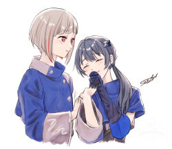 Rule 34 | 2girls, 3rd live tour try tri unity!!!, blue gloves, blue hair, blue shirt, bob cut, closed eyes, cropped shirt, cropped torso, diagonal bangs, dollchestra, elbow gloves, gloves, grey hair, hand on another&#039;s shoulder, holding, holding microphone, inverted bob, ladybug/beauty (love live!), link! like! love live!, long hair, long sleeves, looking at another, love live!, low twintails, microphone, multicolored hair, multiple girls, murano sayaka, nonaka kokona, official alternate costume, red hair, sasaki kotoko, shirt, short hair, short sleeves, signature, simple background, single elbow glove, single glove, streaked hair, suito, twintails, virtual youtuber, voice actor connection, white background, yugiri tsuzuri