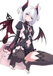 1girl absurdres ahoge bebetang black_choker black_dress black_nails black_survival black_thighhighs blue_eyes bow bowtie choker clothing_cutout demon_girl demon_horns demon_tail demon_wings dress eternal_return:_black_survival eyepatch feet flat_chest garter_straps hair_over_one_eye heart heart_tail highres horns jewelry long_sleeves looking_at_viewer low_wings medium_hair nail_polish navel navel_cutout no_shoes open_mouth red_bow red_bowtie simple_background sissela_kyle solo squatting stirrup_legwear tail thighhighs thighs toe_ring toeless_legwear toes white_background white_hair wings