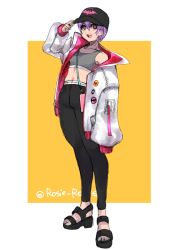 1girl alternate_costume black_pantyhose bra collarbone copyright_name darkstalkers full_body grey_bra jacket lilith_(darkstalkers) orange_background pantyhose purple_hair red_eyes rosie_rosie short_hair simple_background solo twitter_username underwear white_background white_jacket