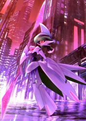 1other arm_blade black_sclera black_skin city colored_sclera colored_skin full_body green_hair highres humanoid_robot iron_valiant joints looking_at_viewer mohawk multicolored_skin nintendo pokemon pokemon_(creature) red_eyes ribero robot robot_joints solo standing twintails two-tone_skin weapon white_skin