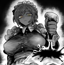 1girl alternate_costume apron brown_eyes brown_hair dark-skinned_female dark_skin disgust enmaided food highres hino_888 ketchup ketchup_bottle limbus_company long_sleeves maid maid_apron maid_headdress omelet omurice outis_(project_moon) project_moon short_hair squeeze_bottle squeezing white_apron