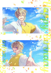 1boy :d ahoge blonde_hair blue_sky blush closed_eyes cloud collared_shirt commentary_request dated day falling_petals fura_kanato grin hair_between_eyes hand_up happy_birthday highres jewelry long_sleeves looking_at_viewer male_focus mapogeso multicolored_hair multiple_views necklace nijisanji off_shoulder open_clothes open_mouth open_shirt orange_hair outstretched_arm outstretched_hand petals purple_eyes shirt short_hair sky smile streaked_hair teeth u_u upper_body virtual_youtuber white_background white_shirt yellow_shirt