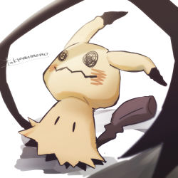 artist_name black_eyes blurry claws commentary_request creatures_(company) disguise game_freak gen_7_pokemon highres mimikyu nintendo no_humans pokemon pokemon_(creature) cleaning_rag signature solid_oval_eyes solo standing tukyanumono