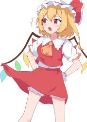 1girl absurdres ascot blonde_hair bloomers cowboy_shot crystal crystal_wings embodiment_of_scarlet_devil flandre_scarlet hair_between_eyes hat hat_ribbon highres masakamea mob_cap open_mouth puffy_short_sleeves puffy_sleeves red_eyes red_skirt red_vest ribbon shirt short_hair short_sleeves side_ponytail simple_background skirt smile solo standing sweat touhou underwear vest white_background wings yellow_ascot
