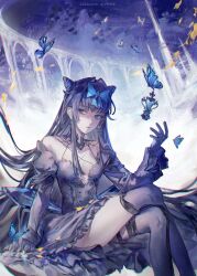 1girl arcaea bare_shoulders black_dress black_gloves black_hair blue_butterfly blue_eyes blunt_bangs bow breasts bug butterfly butterfly_hair_ornament cleavage collarbone dress earrings garter_straps gloves hair_bow hair_ornament highres insect jewelry large_breasts lengdong_shui_xi_chong long_hair long_sleeves solo tairitsu_(arcaea) tairitsu_(tempest)_(arcaea) thighhighs thighs zettai_ryouiki