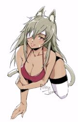 1girl all_fours animal_ears artist_name bare_shoulders breasts cat_ears cat_girl cat_tail cleavage collarbone commentary crossed_bangs dark-skinned_female dark_skin english_commentary eyepatch facial_scar ghislaine_dedoldia grey_hair hair_between_eyes hand_rest holding_own_arm large_breasts leaning_forward long_hair looking_at_viewer mushoku_tensei red_eyes red_tank_top relaxjon scar scar_on_cheek scar_on_face simple_background solo tail tail_ornament tail_ring tank_top thighhighs thighs tongue tongue_out white_background white_thighhighs