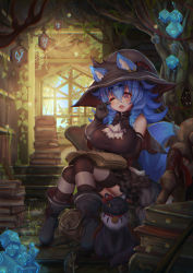 1girl ai_gon_deroga animal_ear_fluff animal_ears ascot bag bare_shoulders bell blush book book_stack boots bow breasts cat chair collar commentary_request cube drill_hair drooling ears_through_headwear elbow_gloves fantasy gloves hair_flaps hat ivy jingle_bell large_breasts long_hair neck_bell one_eye_closed original red_eyes rubbing_eyes short_eyebrows sitting sleepy staff striped_clothes striped_thighhighs tail thick_eyebrows thighhighs tree window witch witch_hat wolf_ears wolf_tail