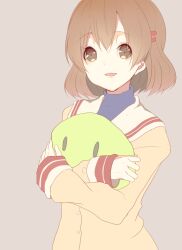 Rule 34 | 1girl, brown background, brown eyes, brown hair, brown jacket, clannad, commentary request, dango, dango daikazoku, food, furukawa nagisa, hugging doll, hugging object, jacket, kurotea, long hair, long sleeves, looking at viewer, open mouth, sailor collar, short hair, simple background, smile, solo, upper body, wagashi, white sailor collar
