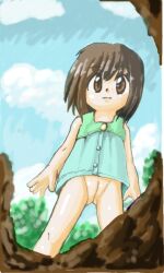 1girl blue_dress brown_eyes brown_hair cloud dress flat_chest from_below hole loli looking_down manoyuya_(artist) no_panties original pussy short_hair sky sleeveless sleeveless_dress standing tree upskirt