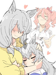 Rule 34 | 3girls, = =, absurdres, affectionate, ahoge, animal ears, blush, bow, breast pillow, breasts, collared shirt, commentary, drakeposting (meme), dress shirt, drill hair, drill sidelocks, ear bow, faceless, faceless female, grey hair, hair between eyes, hands on another&#039;s head, head on chest, heart, highres, horse ears, horse girl, index finger raised, large breasts, long hair, meme, mother and daughter, multiple girls, nekomimi sukinosuke, no eyes, no mouth, norn ace (umamusume), oguri cap&#039;s mother (umamusume), oguri cap (umamusume), red bow, red hair, satisfied, shirt, side drill, sidelocks, smile, sweater, umamusume, umamusume: cinderella gray, white shirt, yellow sweater, zzz