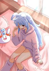 Rule 34 | 1girl, :d, animal ear fluff, animal ears, bed, blue hair, blush, commentary request, curtains, day, feet out of frame, frilled pillow, frills, grey hoodie, grey shorts, grey socks, hand up, highres, hololive, hood, hood down, hoodie, indoors, kiritoma, kneehighs, long hair, long sleeves, loose socks, milk carton, on head, one eye closed, open mouth, pekomon (usada pekora), pillow, puffy long sleeves, puffy sleeves, rabbit ears, red eyes, rubbing eyes, short eyebrows, short shorts, shorts, sitting, smile, socks, solo focus, sunlight, tears, teeth, thick eyebrows, upper teeth only, usada pekora, very long hair, virtual youtuber, waking up, window, | |
