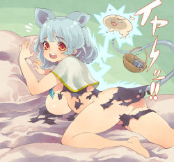 1girl animal animal_ears ass bare_arms bare_legs barefoot basket bed bed_sheet breasts capelet diamond_(shape) dress electricity eyebrows female_focus flying_sweatdrops grey_dress grey_hair jewelry large_breasts lying mouse_(animal) mouse_ears mouse_tail nazrin no_bra no_panties on_bed on_stomach pendant pillow red_eyes short_hair solo tail tail_raised teeth torn_clothes torn_dress touhou tsuutenkaaku white_capelet