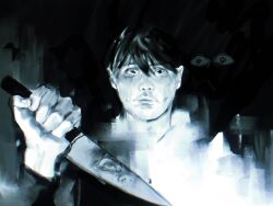 Rule 34 | 1boy, 1other, black hair, crazy eyes, crying, crying with eyes open, glowing, glowing eyes, greyscale, hair between eyes, holding, holding knife, imminent murder, kim dokja, knife, looking at viewer, macaronijail, monochrome, omniscient reader&#039;s viewpoint, reflective weapon, tears, wide-eyed