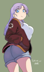 1girl ass blue_eyes blush breasts character_request commentary_request copyright_request cowboy_shot dated denim denim_shorts from_below green_background hands_in_pockets hood hoodie light_blush light_smile long_hair looking_at_viewer medium_breasts purple_hair red_sweater shirt short_hair shorts signature simple_background smile star_(symbol) sweater t-shirt thighs tsukudani_(coke-buta) white_shirt zipper