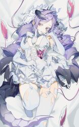 1girl absurdres black_eyes black_horns blood blood_bag bonnet breasts commentary cross-laced_clothes cross-laced_dress dragon_girl dragon_horns dragon_tail dress drill_hair elbow_gloves foot_out_of_frame frilled_dress frills garter_straps gloves hair_intakes hamita_(rikopin_ika) hand_on_own_stomach hand_to_own_mouth hand_up heart highres horns knee_up large_breasts long_hair looking_at_viewer lying on_back on_bed original panties purple_hair short_dress solo syringe tail thighhighs underwear white_dress white_gloves white_panties white_thighhighs