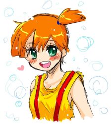 Rule 34 | 1girl, asymmetrical hair, bare shoulders, blush, breasts, female focus, gen 1 pokemon, green eyes, gym leader, hair tie, heart, misty (pokemon), nintendo, open mouth, orange hair, pokemon, pokemon (anime), pokemon (classic anime), pokemon rgby, ponytail, shirt, short hair, side ponytail, sleeveless, sleeveless shirt, smile, solo, suspenders, tank top, upper body, yellow shirt