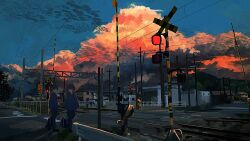 Rule 34 | 2boys, bag, banakotakemaru, black hair, black pants, blue hoodie, blue sky, building, cloud, commentary request, evening, highres, hood, hoodie, multiple boys, orange clouds, original, outdoors, overhead line, pants, railing, railroad crossing, railroad tracks, scenery, school bag, school uniform, sky, standing, sunset, tree