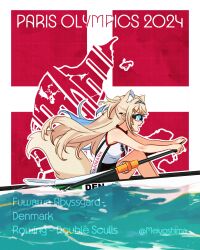 1girl 2024_summer_olympics absurdres blonde_hair blue_hair blue_hairband boat danish_flag danish_text denmark fuwawa_abyssgard glasses hair_ornament hairband hairclip highres hololive hololive_english meiyoshima multicolored_hair oar olympics rowboat rowing shorts sleeveless sunglasses tail virtual_youtuber water watercraft