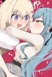 !? 2girls bang_dream! bang_dream!_it&#039;s_mygo!!!!! black_ribbon blonde_hair blue_hair blush closed_mouth commentary_request grey_skirt hair_ribbon heart highres kio_(bangskosko) long_sleeves medium_hair misumi_uika multiple_girls open_mouth pleated_skirt purple_eyes ribbon shirt skirt smile spoken_interrobang togawa_sakiko two_side_up white_shirt yellow_eyes yellow_shirt yuri