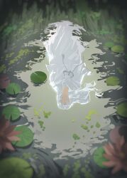 1girl capelet faceless final_fantasy final_fantasy_xiv highres lily_pad long_hair pleasebemine00 reflection reflective_water robe solo sophist&#039;s_robe_(ff14) venat_(ff14) water white_capelet white_hair white_robe