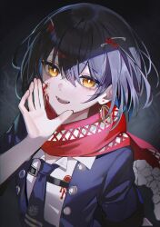 1boy absurdres androgynous black_hair blue_jacket blue_necktie bright_pupils collared_shirt fangs hair_between_eyes hand_up hashtag-only_commentary highres jacket knowa looking_at_viewer male_focus mashiro_meme mashiro_meme_(1st_costume) nail_polish necktie nijisanji open_clothes open_jacket open_mouth red_nails red_scarf scarf shirt short_hair short_sleeves smile solo upper_body white_pupils white_shirt yellow_eyes