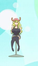 Rule 34 | 1girl, animated, animated gif, anime screenshot, black shirt, blonde hair, bouncing breasts, breasts, cleavage, denim, denim shorts, dragon girl, hat, horns, huge breasts, kobayashi-san chi no maidragon, long hair, lowres, lucoa (maidragon), screencap, shirt, shorts, sitting, sleeveless, sleeveless shirt, solo, thighhighs