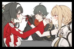 1boy 2girls astra_yao black_border black_hair black_jacket blonde_hair blush border breasts collared_shirt evelyn_chevalier eye_contact feeding hair_between_eyes hairband holding jacket large_breasts lighter_(zenless_zone_zero) long_hair long_sleeves looking_at_another multiple_girls photo-referenced red_jacket red_scarf sbs scarf shirt simple_background sleeveless sunglasses upper_body white_background white_hairband white_shirt yuri zenless_zone_zero