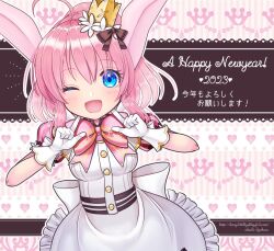 1girl 2023 ahoge animal_ears apron blue_eyes brown_ribbon ciel0420 crown dress emil_chronicle_online finger_to_cheek gloves hair_ribbon happy_new_year minnie_doe_alma neck_ribbon new_year one_eye_closed open_mouth pink_dress pink_hair pink_ribbon ponytail rabbit_ears rabbit_girl ribbon smile watermark web_address white_apron white_gloves
