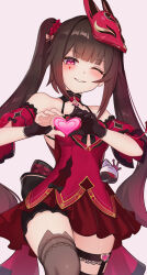 1girl asymmetrical_gloves bare_shoulders black_gloves breasts detached_sleeves dress ewaaawa fox_mask gloves heart heart-shaped_pupils heart_hands highres honkai:_star_rail honkai_(series) honkai_impact_3rd looking_at_viewer mark_under_both_eyes mask mask_on_head medium_breasts mihoyo official_alternate_costume one_eye_closed open_mouth red_dress red_eyes red_sleeves solo sparkle_(fictitious_game)_(honkai:_star_rail) sparkle_(honkai:_star_rail) symbol-shaped_pupils twintails