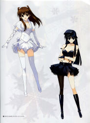 10s 2girls absurdres asymmetrical_legwear bare_shoulders black_hair boots brown_eyes brown_hair collar crossed_arms dress elbow_gloves gloves hat highres knee_boots looking_at_viewer microphone midriff multiple_girls nakamura_takeshi non-web_source ogiso_setsuna open_mouth pantyhose pleated_skirt simple_background single_leg_pantyhose skirt thighhighs touma_kazusa uneven_legwear white_album_(series) white_album_2 white_gloves white_legwear zettai_ryouiki