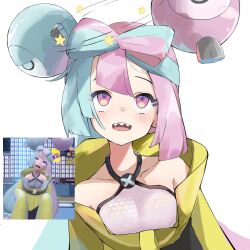 1girl absurdres aqua_hair blush breasts character_hair_ornament collarbone commentary_request dizzy eyelashes hair_ornament highres iono_(pokemon) jacket long_hair medium_breasts nintendo open_mouth pink_hair pokemon pokemon_sv purple_eyes reference_inset rolling_eyes shirt sleeveless sleeveless_shirt small_breasts solo spice_mega teeth tongue upper_body upper_teeth_only white_background yellow_jacket