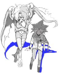 1boy 1other collar demon_wings duel_monster colored_bangs food food_in_mouth highres hit_rigt hot multicolored_hair muto_yugi pants popsicle popsicle_in_mouth shirt short_hair sitting spiked_hair split-color_hair sweat third_eye two-tone_hair white_background wings yu-gi-oh! yu-gi-oh!_duel_monsters yu-gi-oh!_gx yubel