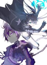 Rule 34 | 2girls, armor, belt, black footwear, black hair, black jacket, black rock shooter, black rock shooter (character), black shorts, blue eyes, boots, chain, gloves, highres, insane black rock shooter, jacket, kuthi0510, long hair, multiple girls, purple eyes, purple hair, shorts, shoulder armor, twintails