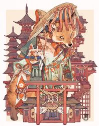 1girl ajirogasa animal animal_focus architecture border building clothed_animal east_asian_architecture fangs fox fox_mask gate hat highres japanese_clothes kimono kiseru lantern looking_at_viewer mask mouth_hold original outside_border oversized_animal paper_lantern rope seigaiha shide shimenawa size_difference smoking_pipe stairs tassel tonbippo08 torii unworn_mask white_border white_eyes white_kimono