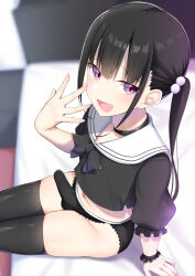 Rule 34 | 1boy, beads, black bow, black choker, black hair, black panties, black shirt, black thighhighs, bow, bulge, choker, crossdressing, crossdressing (mtf), erection, erection under clothes, fang, hair beads, hair ornament, highres, indoors, kitajima yuuki, long hair, looking at viewer, love hotel, on bed, open mouth, original, osugaki, panties, penis in panties, purple eyes, sailor collar, shirt, sidelocks, sitting, skin fang, solo, thighhighs, trap, twintails, underwear, white sailor collar