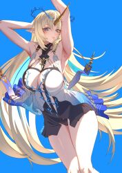 Rule 34 | 1girl, armpits, arms up, artist name, black collar, black dress, blonde hair, blue background, blue eyes, breasts, cleavage, collar, colored inner hair, commentary, crown of thorns, dress, english commentary, fleurdelys (wuthering waves), floating crown, highres, horns, large breasts, linear 71, long hair, long horns, multicolored hair, pointy ears, simple background, single horn, solo, tabard, very long hair, white tabard, wuthering waves, yellow horns